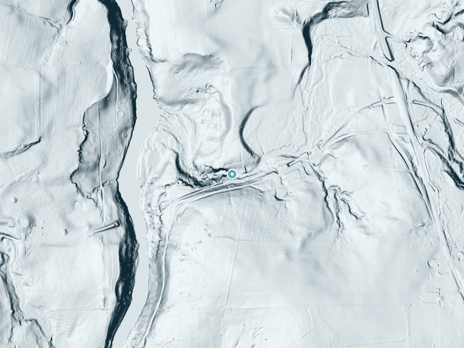 LiDAR bare-earth terrain around Grant City Falls near Lake Arthur Estates, Pennsylvania, showing about 109 feet of drop, a long cascade, facing northwest