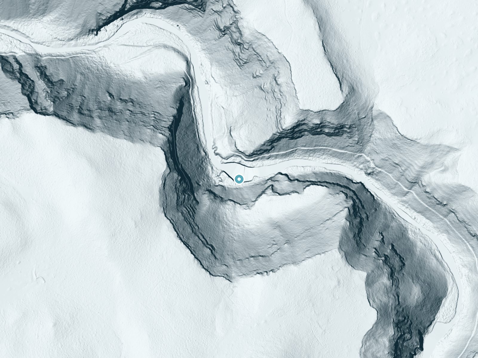 LiDAR bare-earth terrain around Pit River Falls near Fall River Mills, California, showing about 138 feet of drop, a steep tiered drop, facing north