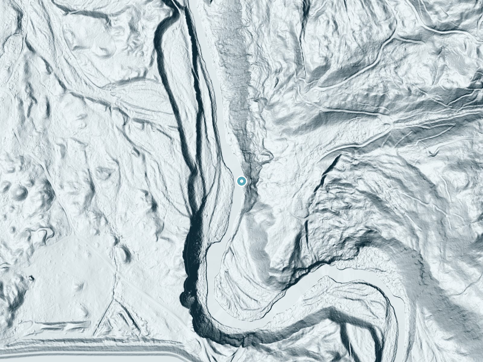 LiDAR bare-earth terrain around Kinner Falls near Big Bend, California, showing about 201 feet of drop, a steep tiered drop, facing west