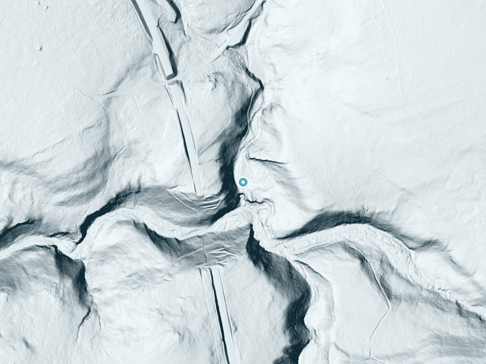 LiDAR bare-earth terrain around Hawk Falls near Albrightsville, Pennsylvania, showing about 167 feet of drop, a steep tiered drop, facing east