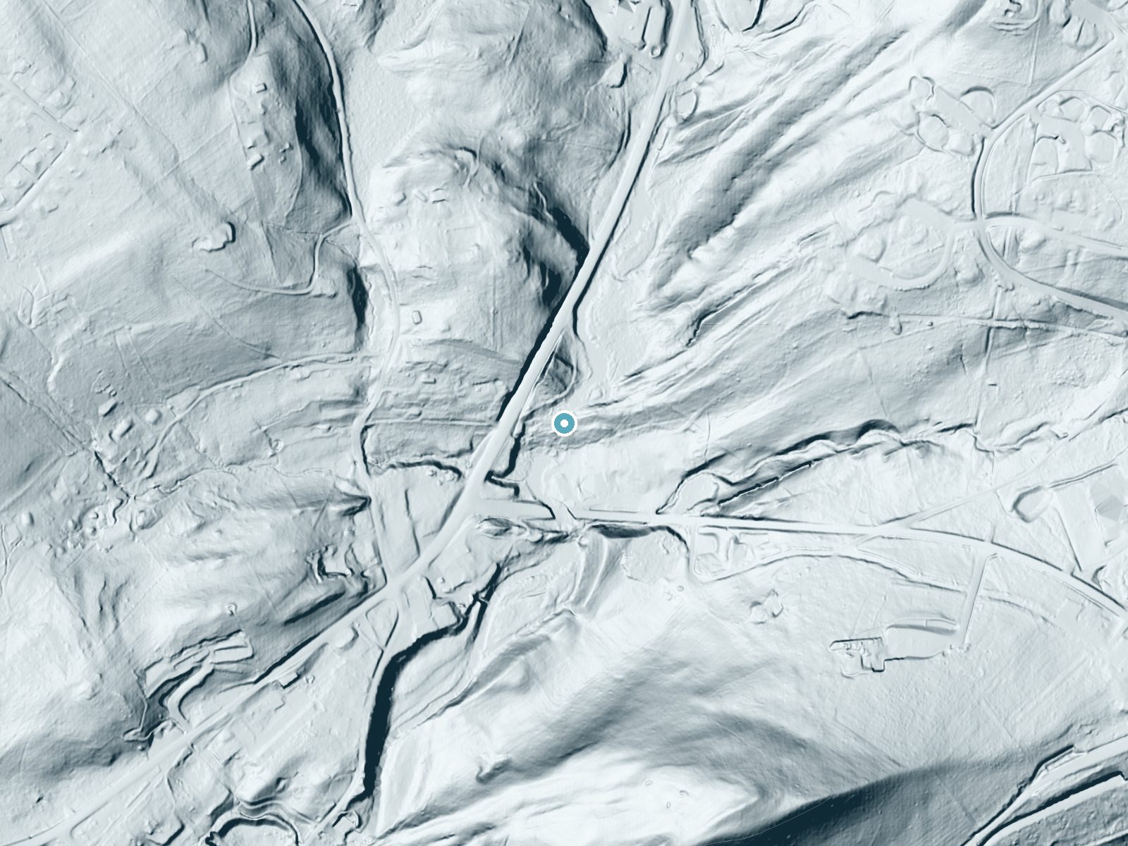 LiDAR bare-earth terrain around Buttermilk Falls near Delaware Water Gap, Pennsylvania, showing about 70 feet of drop, a long cascade, facing south