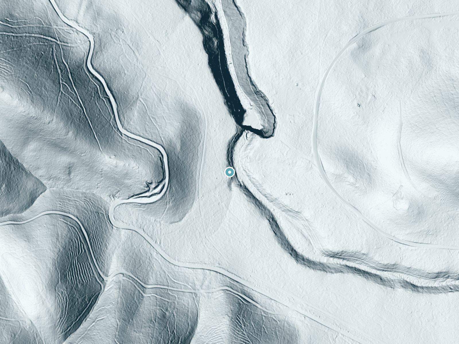 LiDAR bare-earth terrain around Burney Falls near Johnson Park, California, showing about 52 feet of drop, a long cascade, facing east