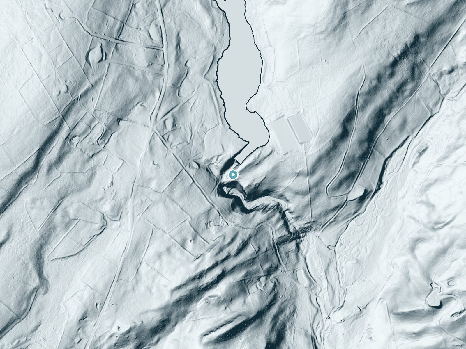 LiDAR bare-earth terrain around Bass Lake Falls near Marksboro, New Jersey, showing about 107 feet of drop, a steep tiered drop, facing south