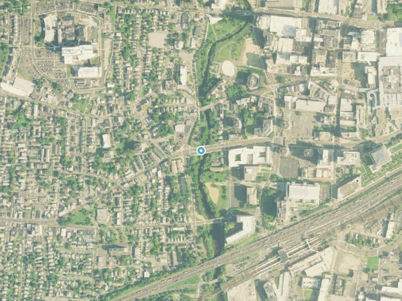 Aerial photo of the same ground around Rippowan Falls near Cos Cob, Connecticut, for comparison with the lidar view