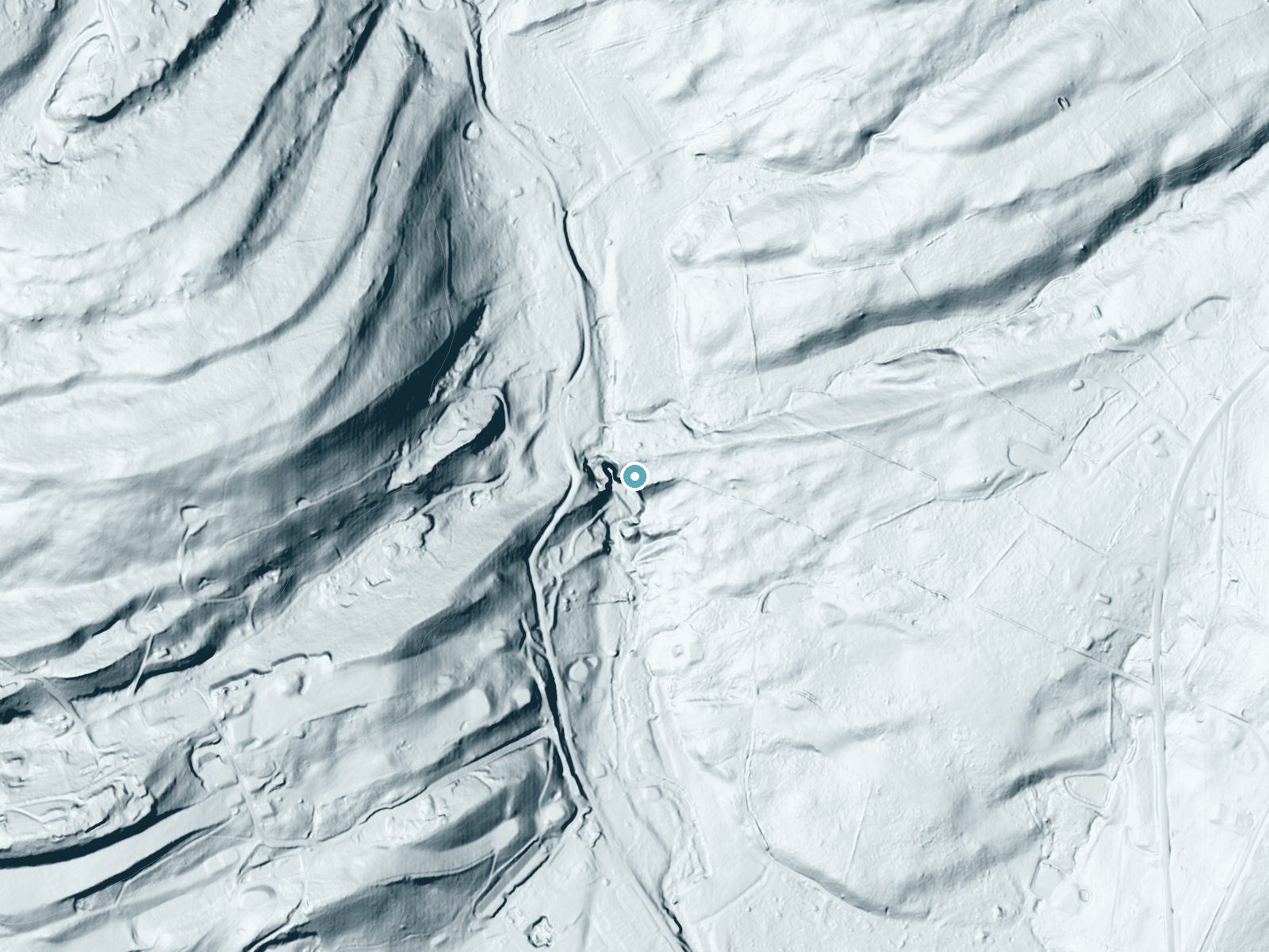 LiDAR bare-earth terrain around Marshalls Falls near Delaware Water Gap, Pennsylvania, showing about 65 feet of drop, a steep tiered drop, facing south