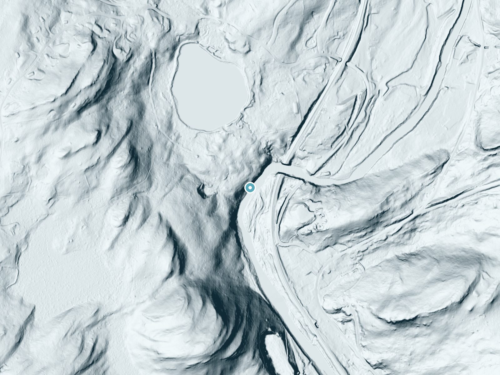 LiDAR bare-earth terrain around Clarke Falls near Penn Estates, Pennsylvania, showing about 83 feet of drop, a steep tiered drop, facing southeast