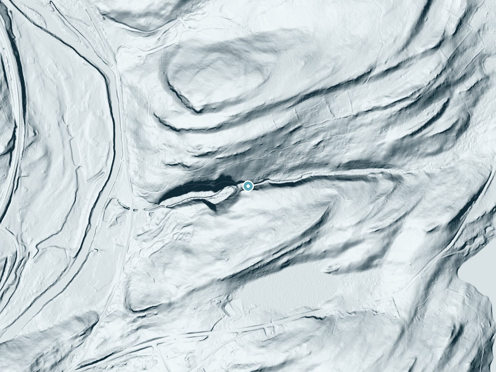 LiDAR bare-earth terrain around Lee Falls near Penn Estates, Pennsylvania, showing about 173 feet of drop, a steep tiered drop, facing southwest