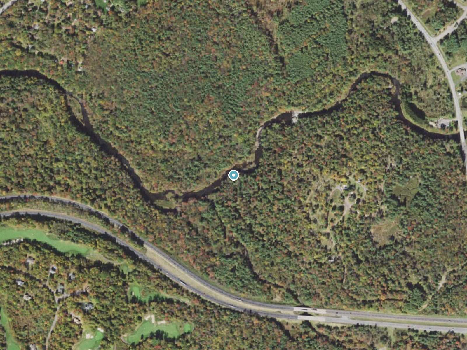 Aerial photo of the same ground around Tobyhanna Falls near Holiday Pocono, Pennsylvania, for comparison with the lidar view