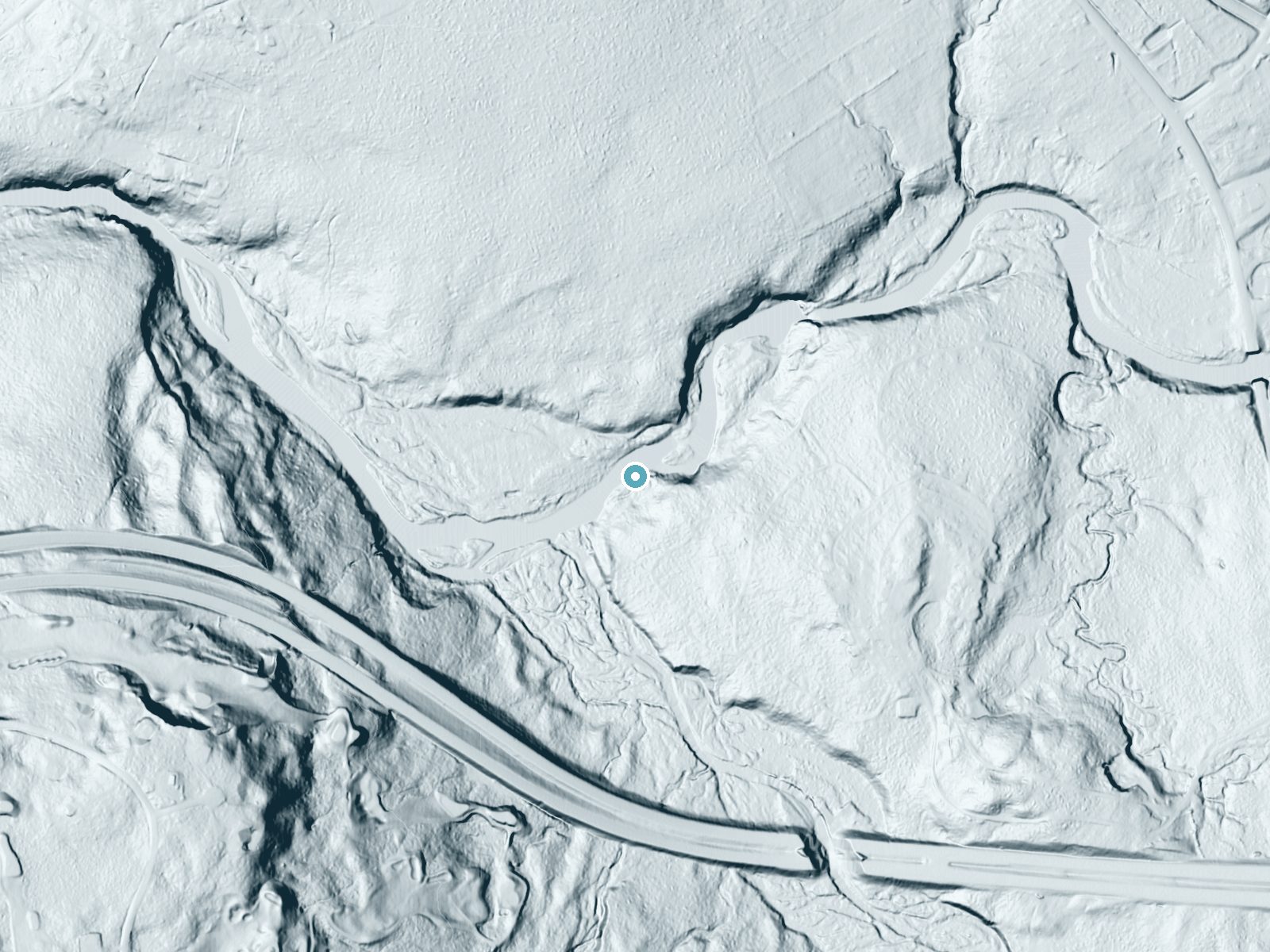 LiDAR bare-earth terrain around Tobyhanna Falls near Holiday Pocono, Pennsylvania, showing about 37 feet of drop, a long cascade, facing northwest