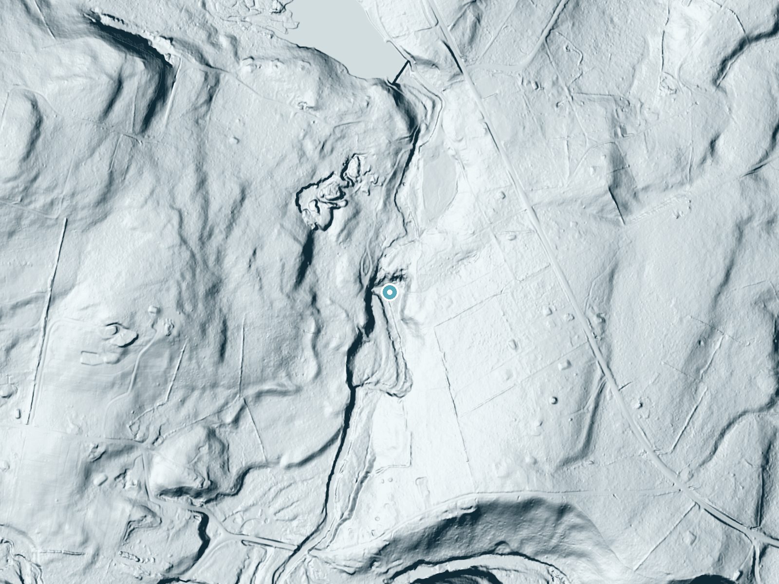 LiDAR bare-earth terrain around Paradise Falls near Mountainhome, Pennsylvania, showing about 54 feet of drop, a long cascade, facing south