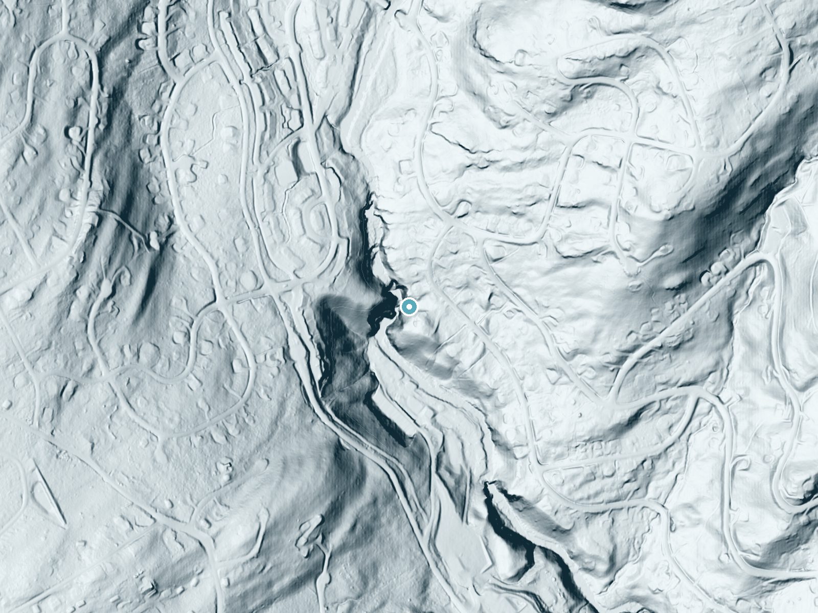 LiDAR bare-earth terrain around Winona Falls near Saw Creek, Pennsylvania, showing about 118 feet of drop, a steep tiered drop, facing southwest