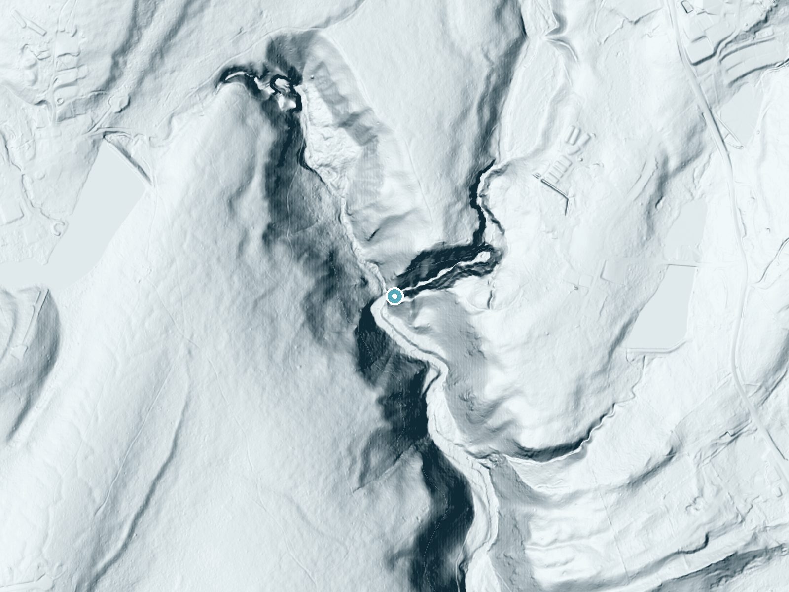 LiDAR bare-earth terrain around Bushkill Falls near Saw Creek, Pennsylvania, showing about 166 feet of drop, a steep tiered drop, facing southwest