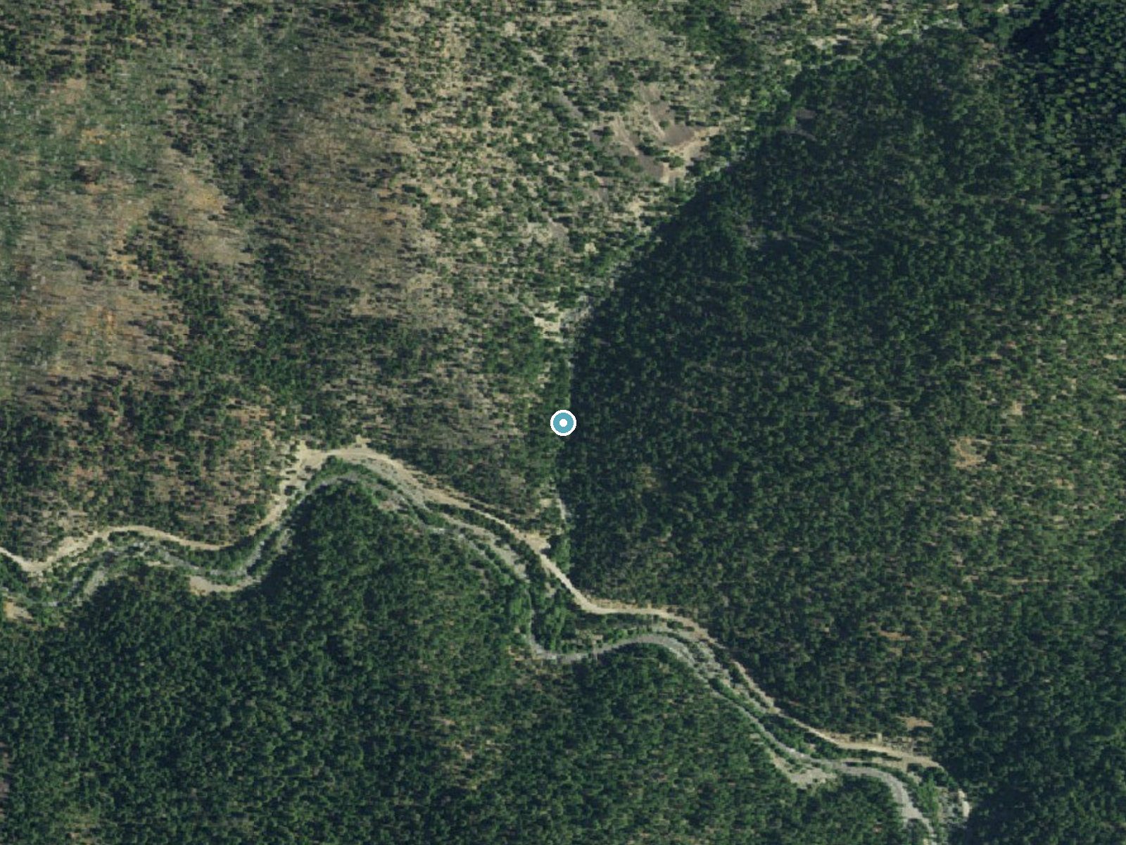 Aerial photo of the same ground around Kickapoo Waterfall near Coffee Creek, California, for comparison with the lidar view