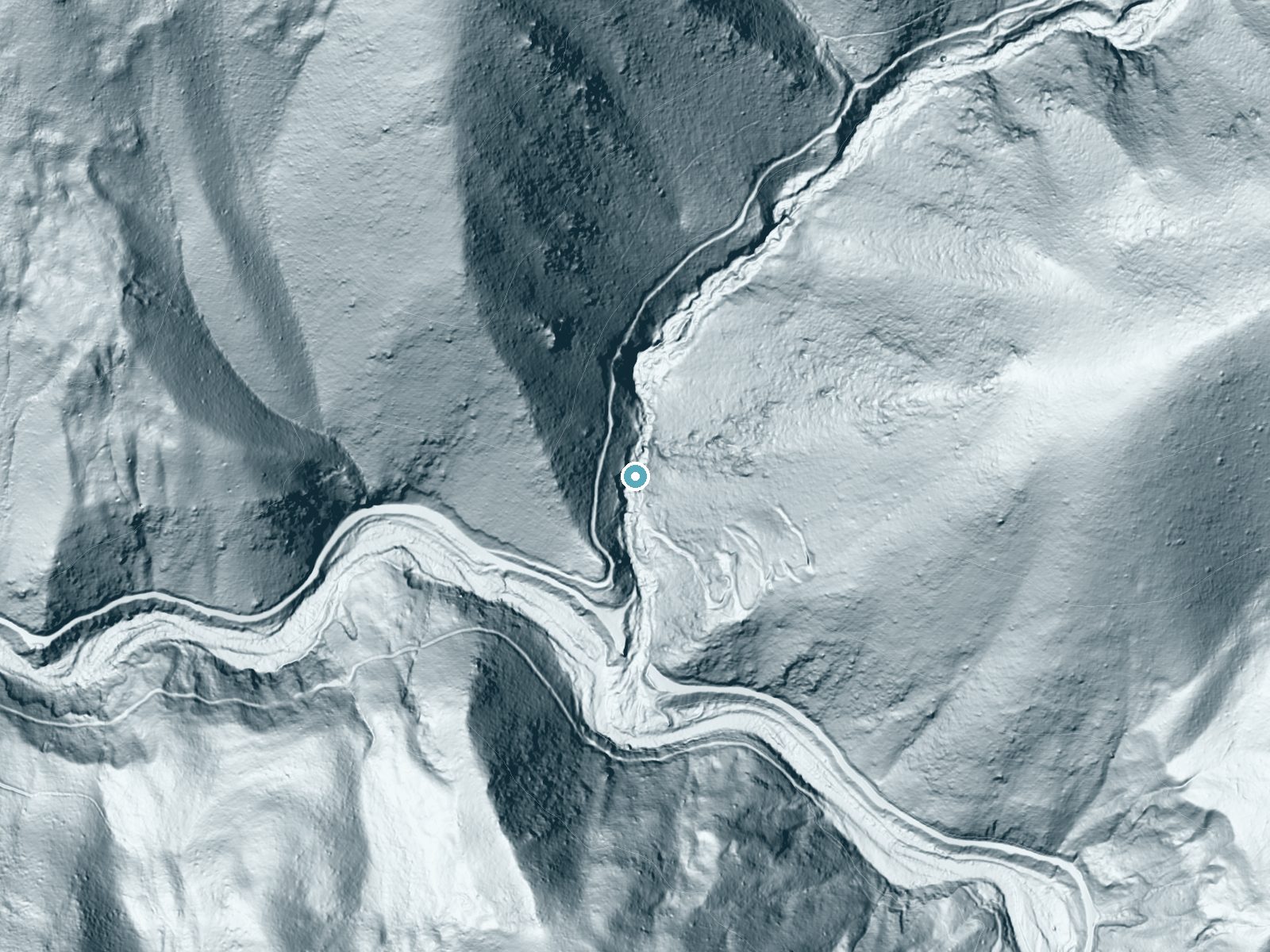 LiDAR bare-earth terrain around Kickapoo Waterfall near Coffee Creek, California, showing about 189 feet of drop, a long cascade, facing south