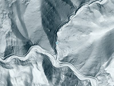 LiDAR terrain view around Kickapoo Waterfall in California, about 189 feet of drop