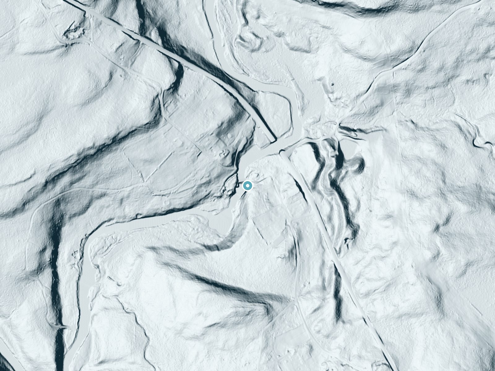 LiDAR bare-earth terrain around Great Falls of the Lehigh near Holiday Pocono, Pennsylvania, showing about 67 feet of drop, a long cascade, facing west