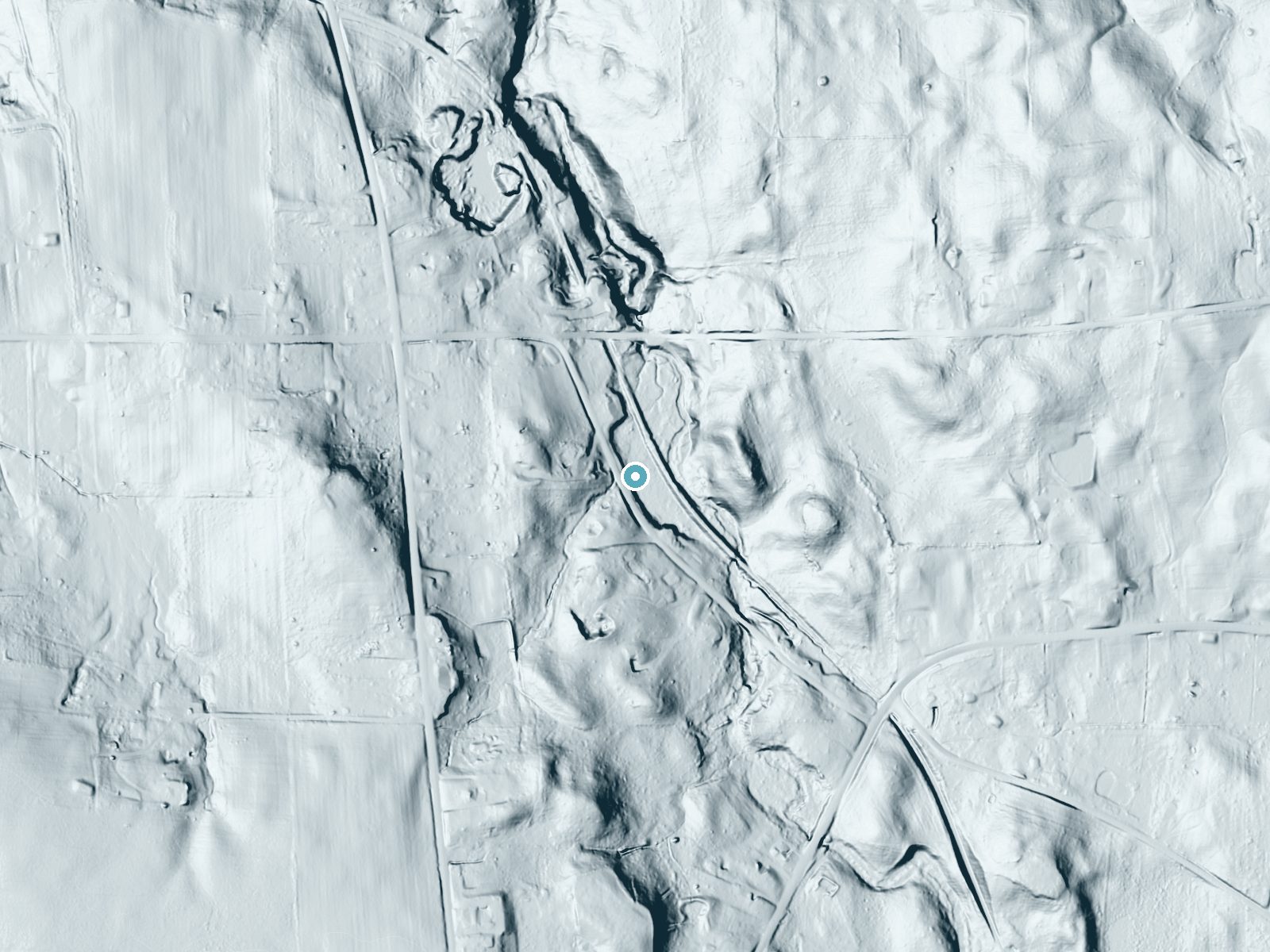 LiDAR bare-earth terrain around Springfield Falls near Volant, Pennsylvania, showing about 46 feet of drop, a long cascade, facing northeast