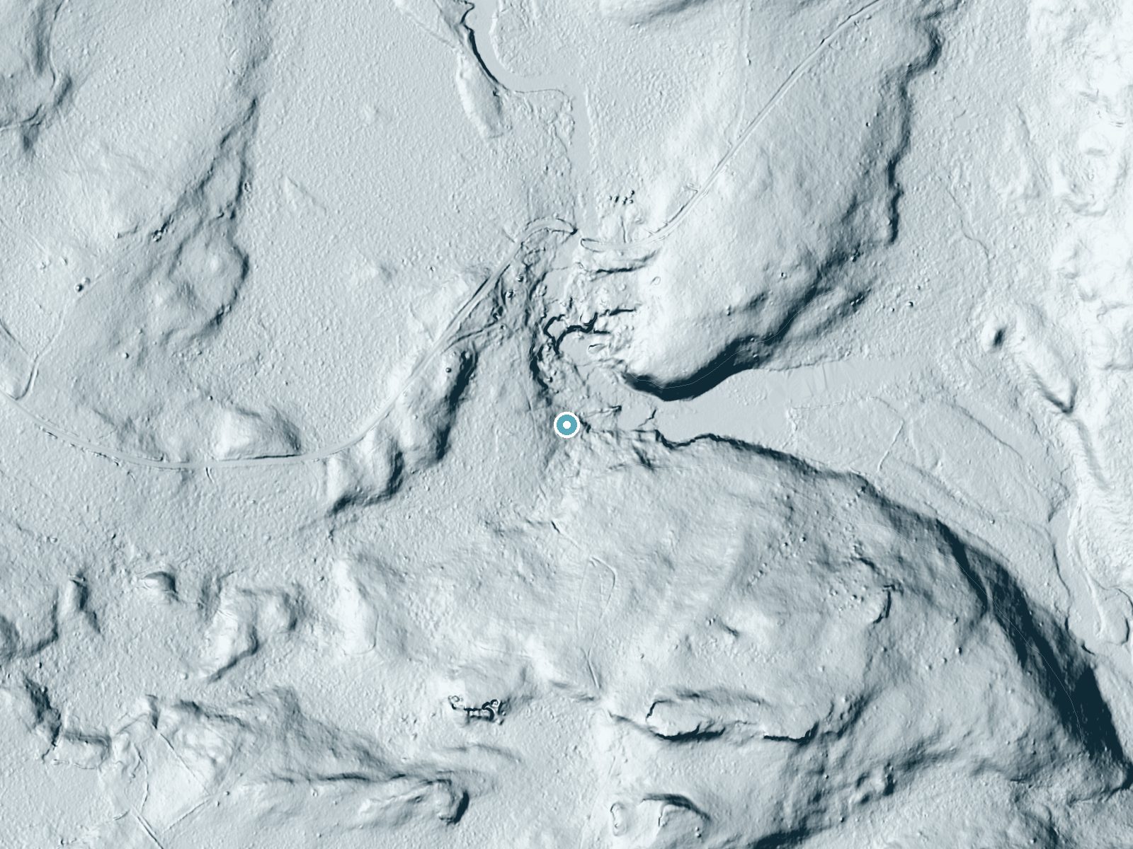 LiDAR bare-earth terrain around Snow Hill Falls near Saw Creek, Pennsylvania, showing about 31 feet of drop, a long cascade, facing northeast