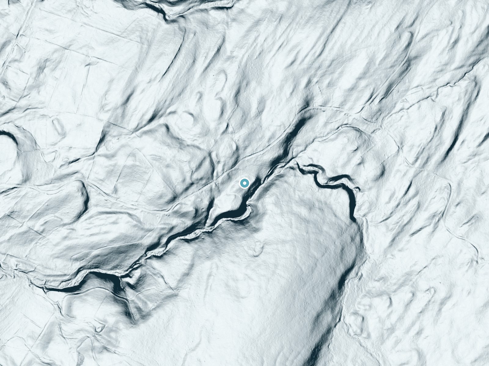 LiDAR bare-earth terrain around Tillman Falls near Crandon Lakes, New Jersey, showing about 45 feet of drop, a long cascade, facing south