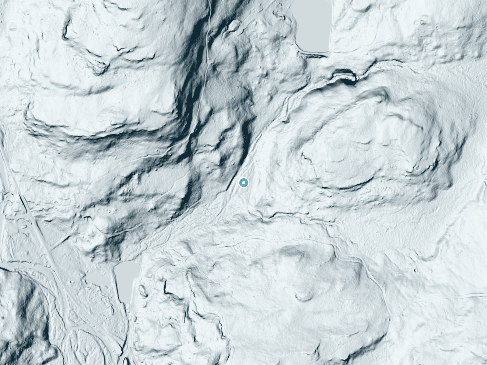 LiDAR bare-earth terrain around Spruce Cabin Falls near Mountainhome, Pennsylvania, showing about 43 feet of drop, a long cascade, facing southwest