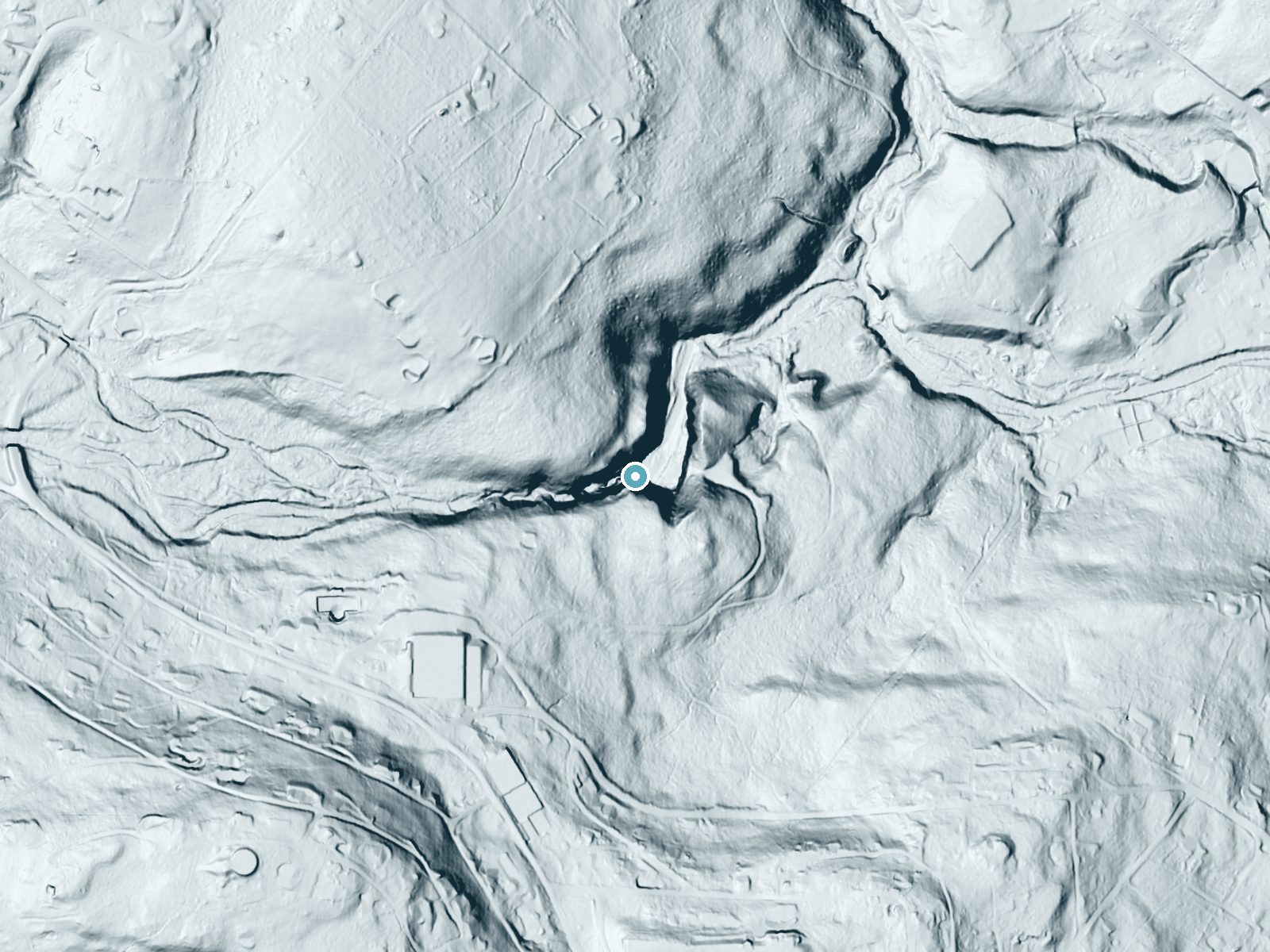 LiDAR bare-earth terrain around Buck Hill Falls near Mountainhome, Pennsylvania, showing about 171 feet of drop, a steep tiered drop, facing northeast