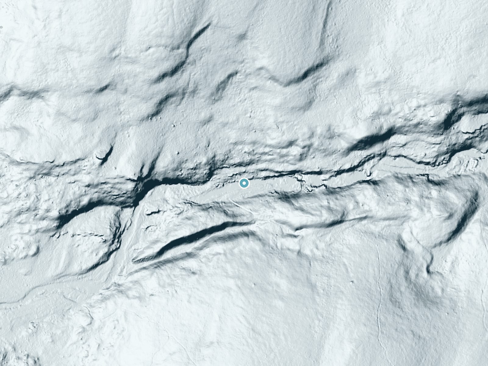 LiDAR bare-earth terrain around High Falls near Mountainhome, Pennsylvania, showing about 49 feet of drop, a long cascade, facing south