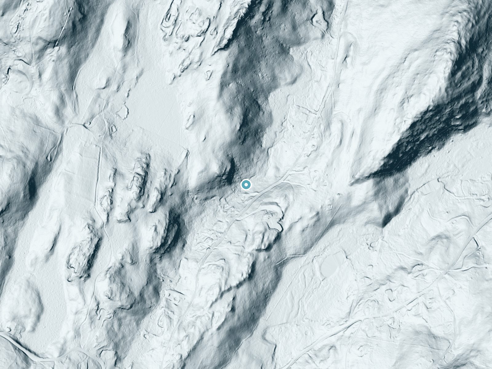 LiDAR bare-earth terrain around Buttermilk Falls near Greenwood Lake, New York, showing about 120 feet of drop, a long cascade, facing east