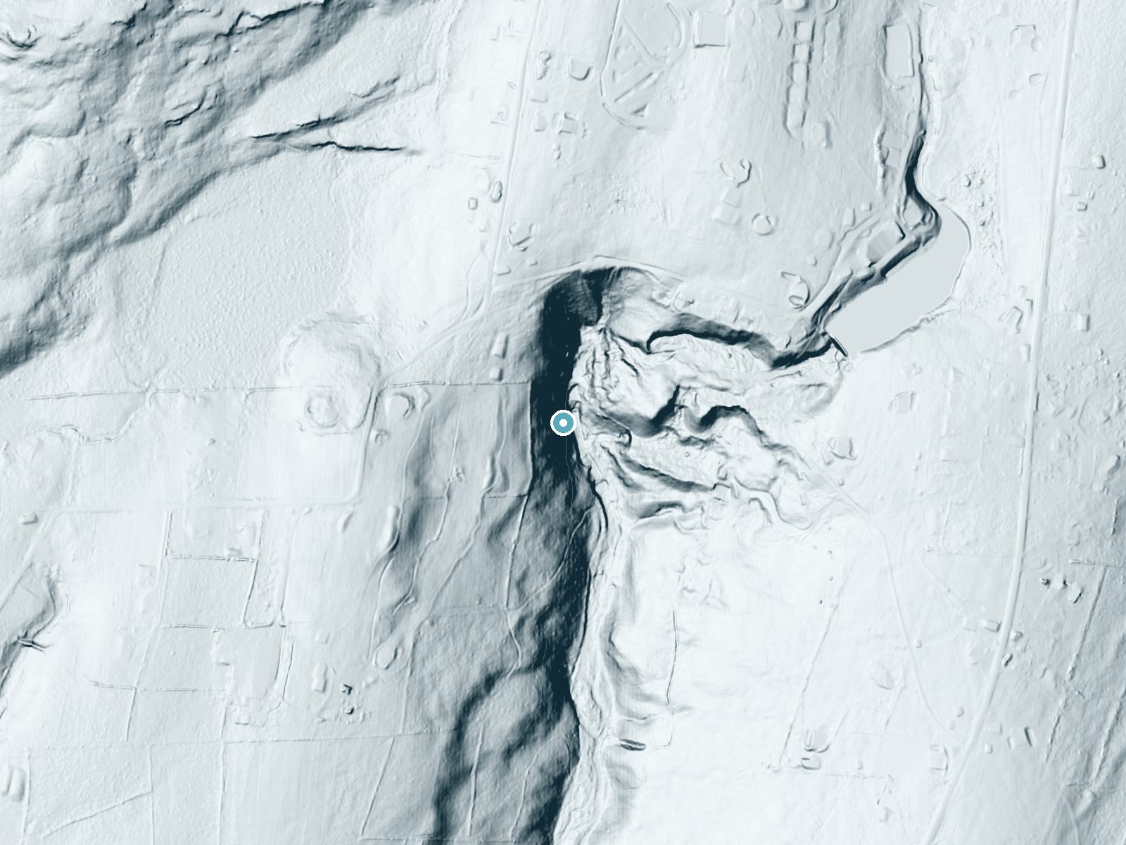 LiDAR bare-earth terrain around Leavitt Falls near Mountainhome, Pennsylvania, showing about 160 feet of drop, a steep tiered drop, facing east
