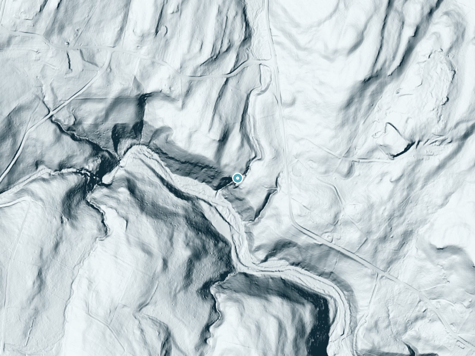 LiDAR bare-earth terrain around Silverthread Falls near Birchwood Lakes, Pennsylvania, showing about 207 feet of drop, a steep tiered drop, facing southwest