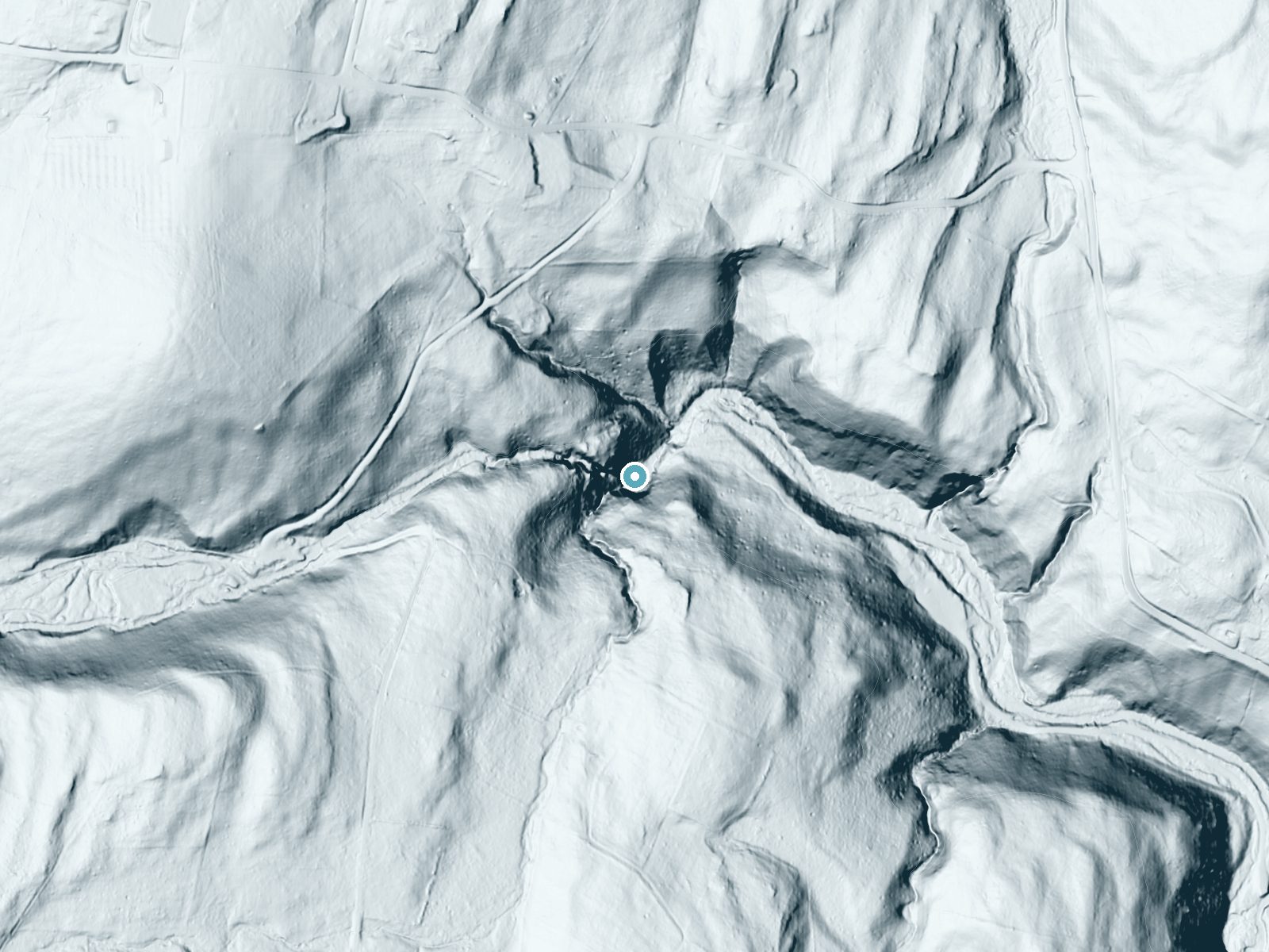 LiDAR bare-earth terrain around Dingmans Falls near Birchwood Lakes, Pennsylvania, showing about 138 feet of drop, a steep tiered drop, facing northeast