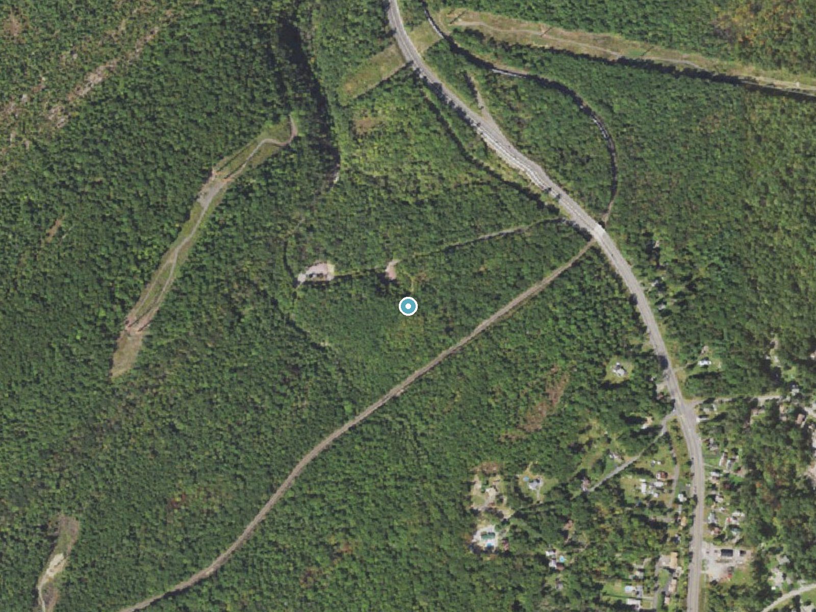 Aerial photo of the same ground around Whirlpool Canyon Falls near Laurel Run, Pennsylvania, for comparison with the lidar view