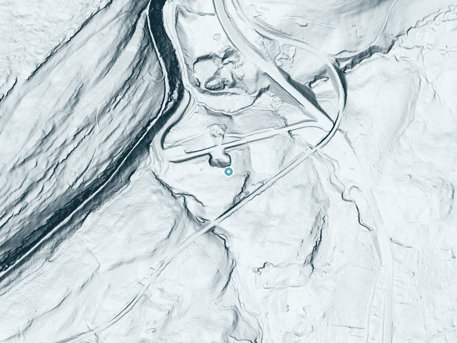 LiDAR bare-earth terrain around Whirlpool Canyon Falls near Laurel Run, Pennsylvania, showing about 136 feet of drop, a steep tiered drop, facing northwest