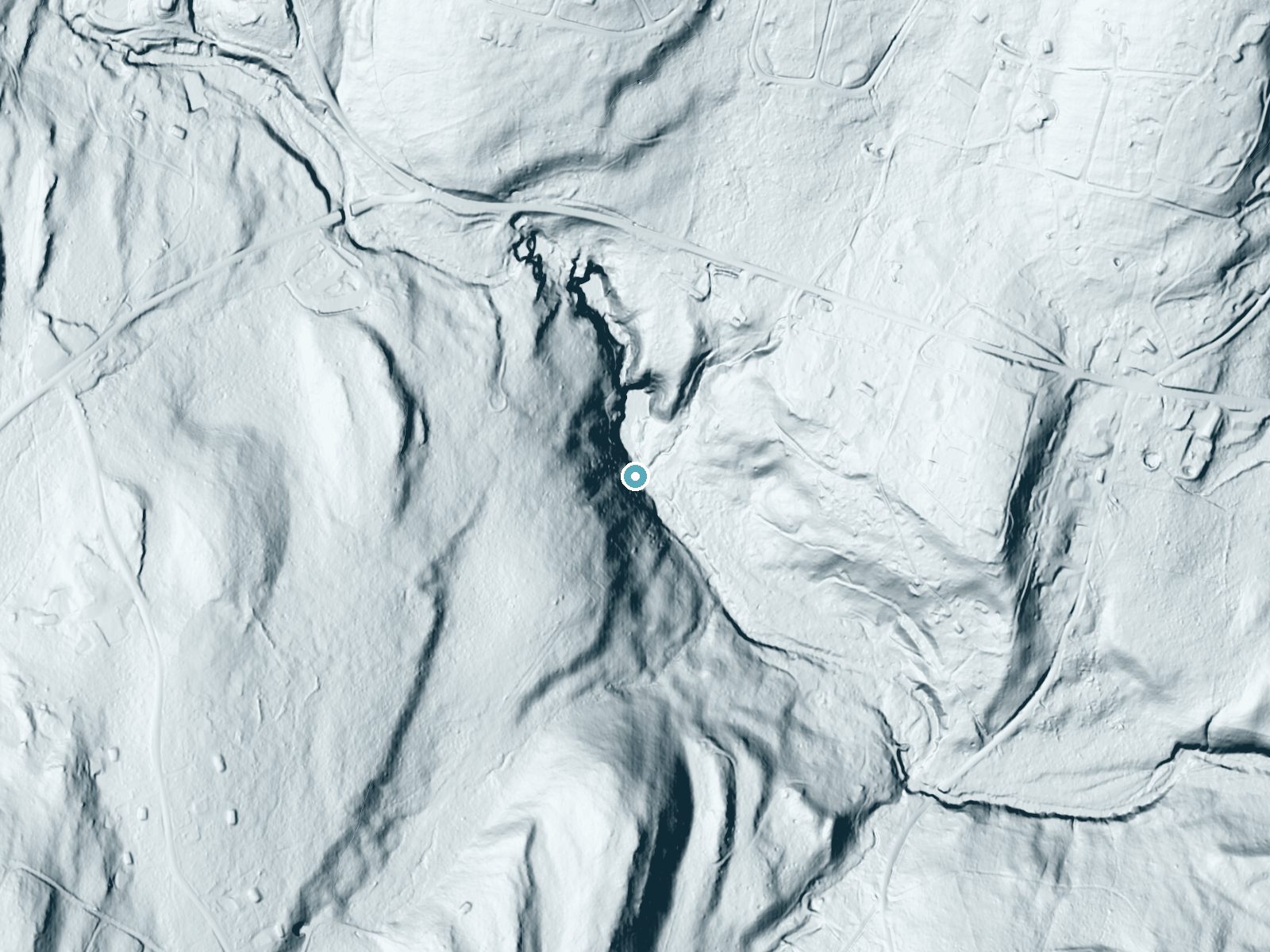 LiDAR bare-earth terrain around Deer Leap Falls near Birchwood Lakes, Pennsylvania, showing about 123 feet of drop, a steep tiered drop, facing east