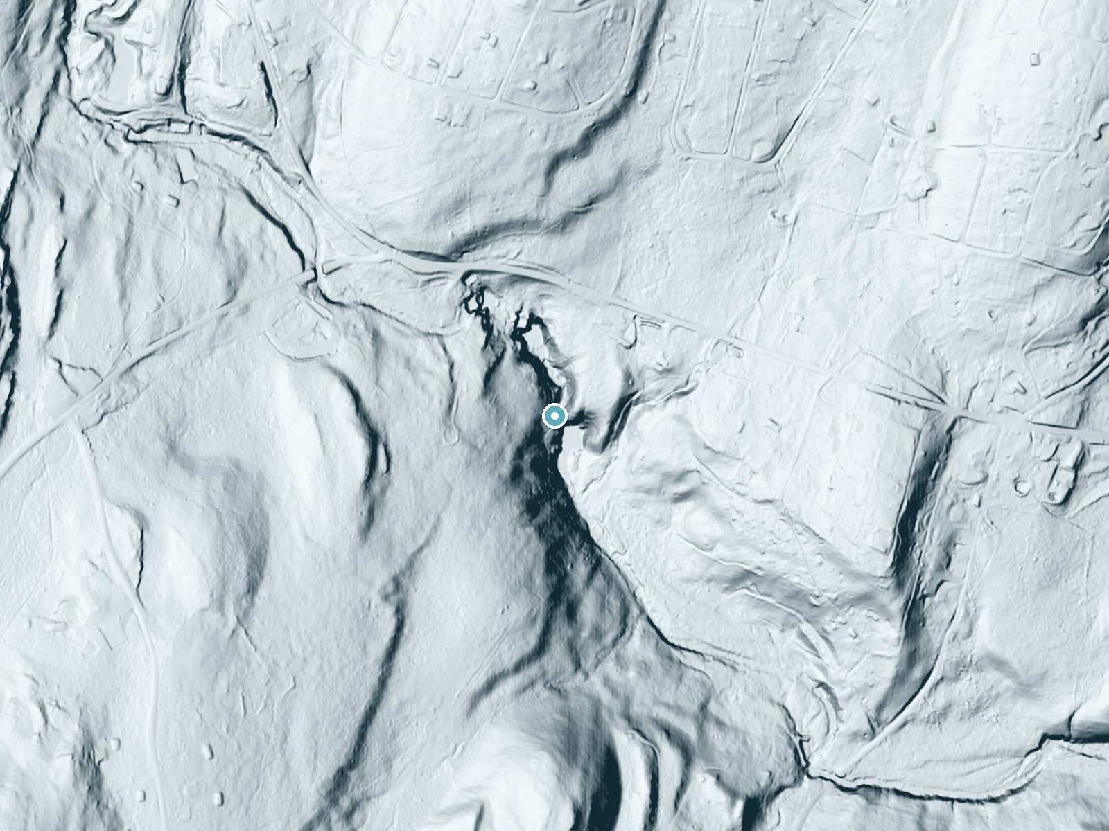 LiDAR bare-earth terrain around Factory Falls near Birchwood Lakes, Pennsylvania, showing about 121 feet of drop, a steep tiered drop, facing southeast