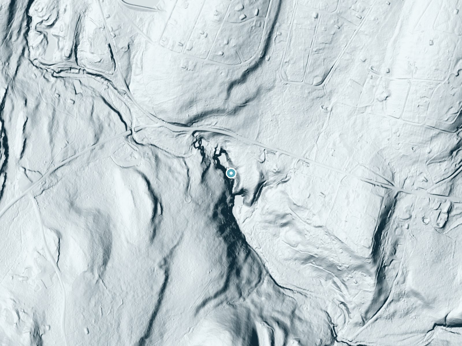 LiDAR bare-earth terrain around Fulmer Falls near Birchwood Lakes, Pennsylvania, showing about 74 feet of drop, a long cascade, facing southeast