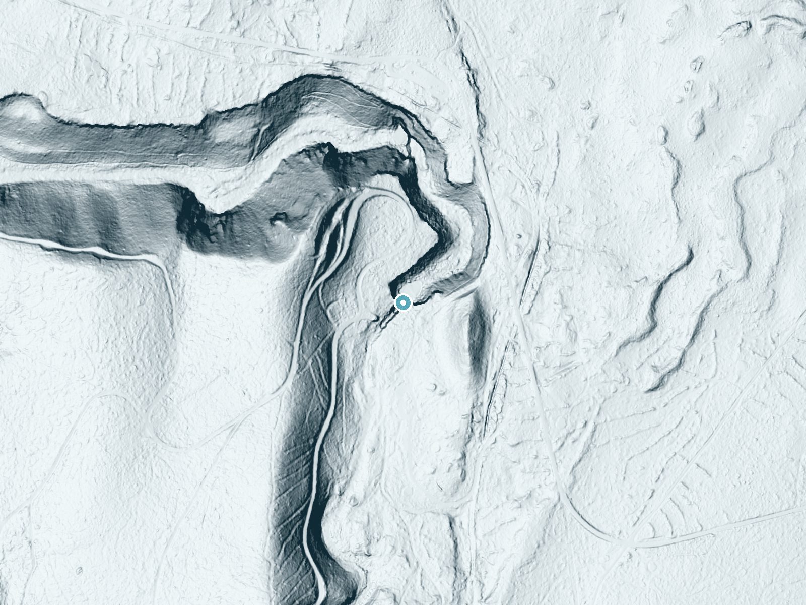 LiDAR bare-earth terrain around Upper Falls near McCloud, California, showing about 82 feet of drop, a steep tiered drop, facing northeast
