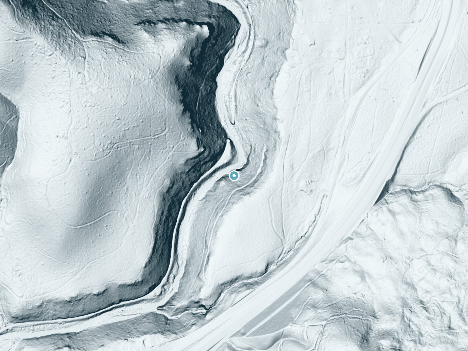 LiDAR bare-earth terrain around Mossbrae Falls near Dunsmuir, California, showing about 218 feet of drop, a steep tiered drop, facing northwest
