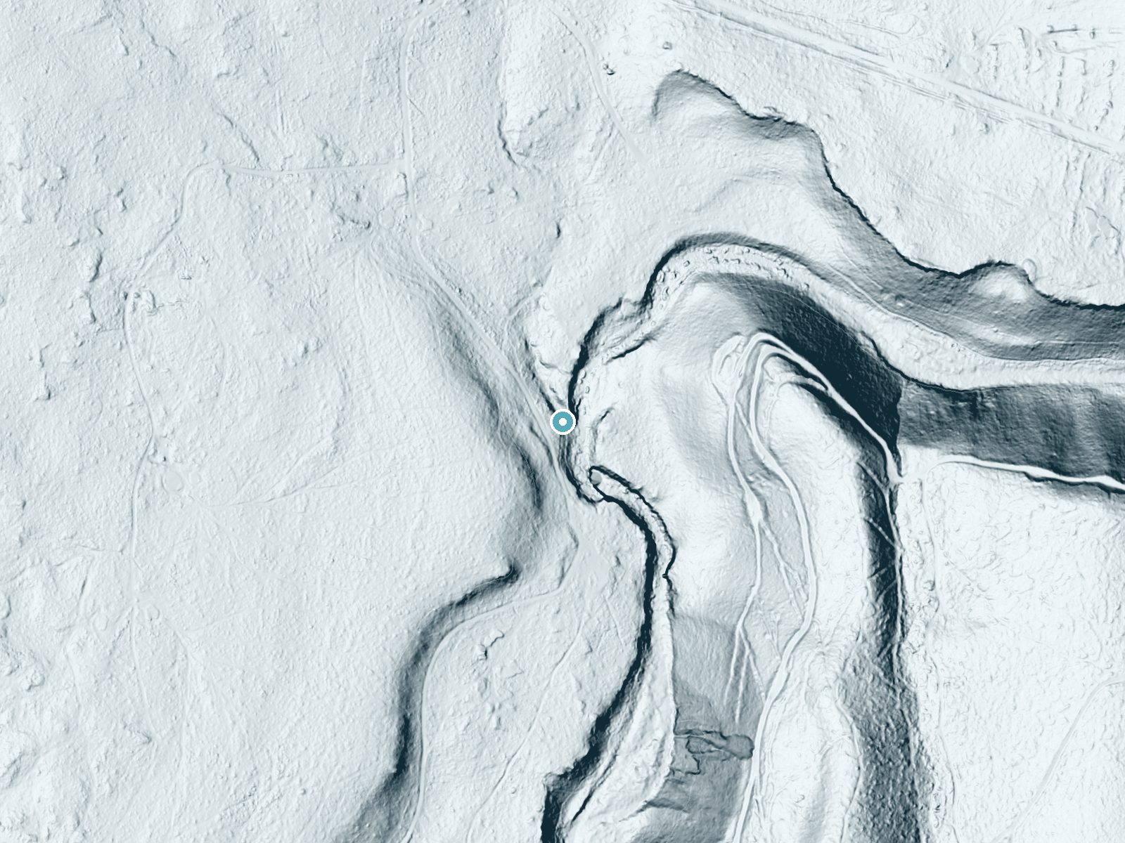 LiDAR bare-earth terrain around Lower Falls near McCloud, California, showing about 65 feet of drop, a long cascade, facing east