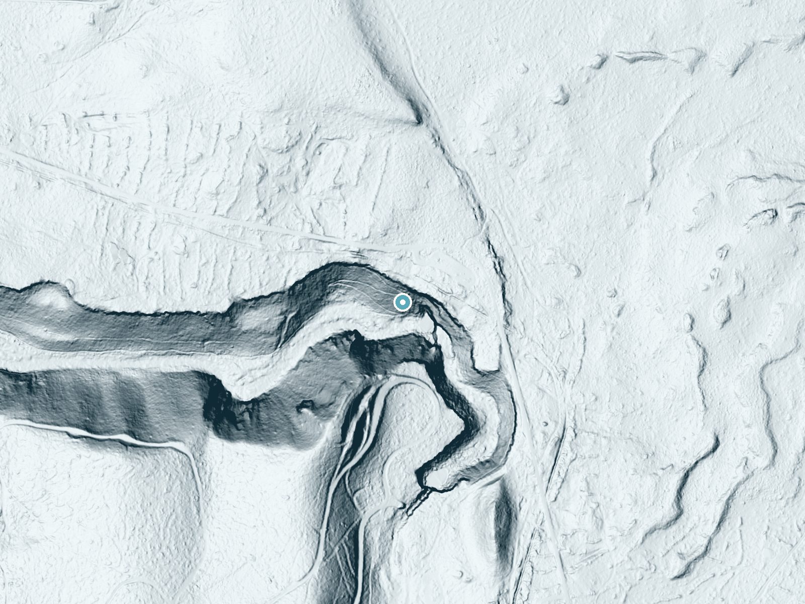 LiDAR bare-earth terrain around Middle Falls near McCloud, California, showing about 189 feet of drop, a steep tiered drop, facing southwest