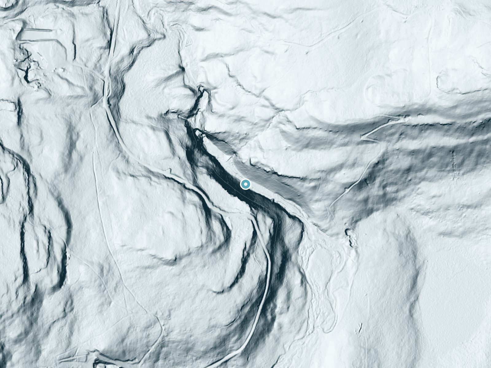 LiDAR bare-earth terrain around Indian Ladder Falls near Mountainhome, Pennsylvania, showing about 148 feet of drop, a steep tiered drop, facing northeast