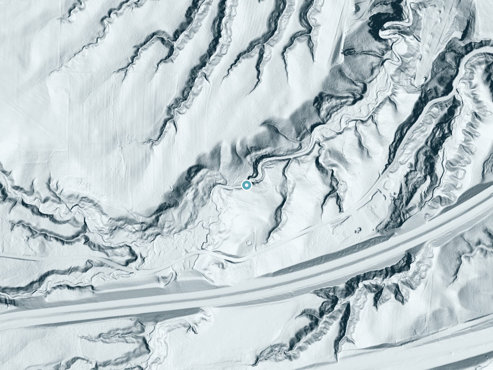 LiDAR bare-earth terrain around Blue Hen Falls near Peninsula, Ohio, showing about 75 feet of drop, a long cascade, facing north