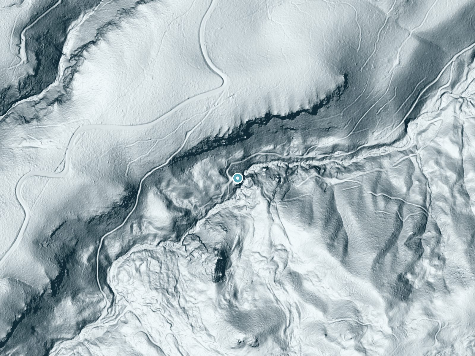 LiDAR bare-earth terrain around Faery Falls near Mount Shasta, California, showing about 198 feet of drop, a steep tiered drop, facing east