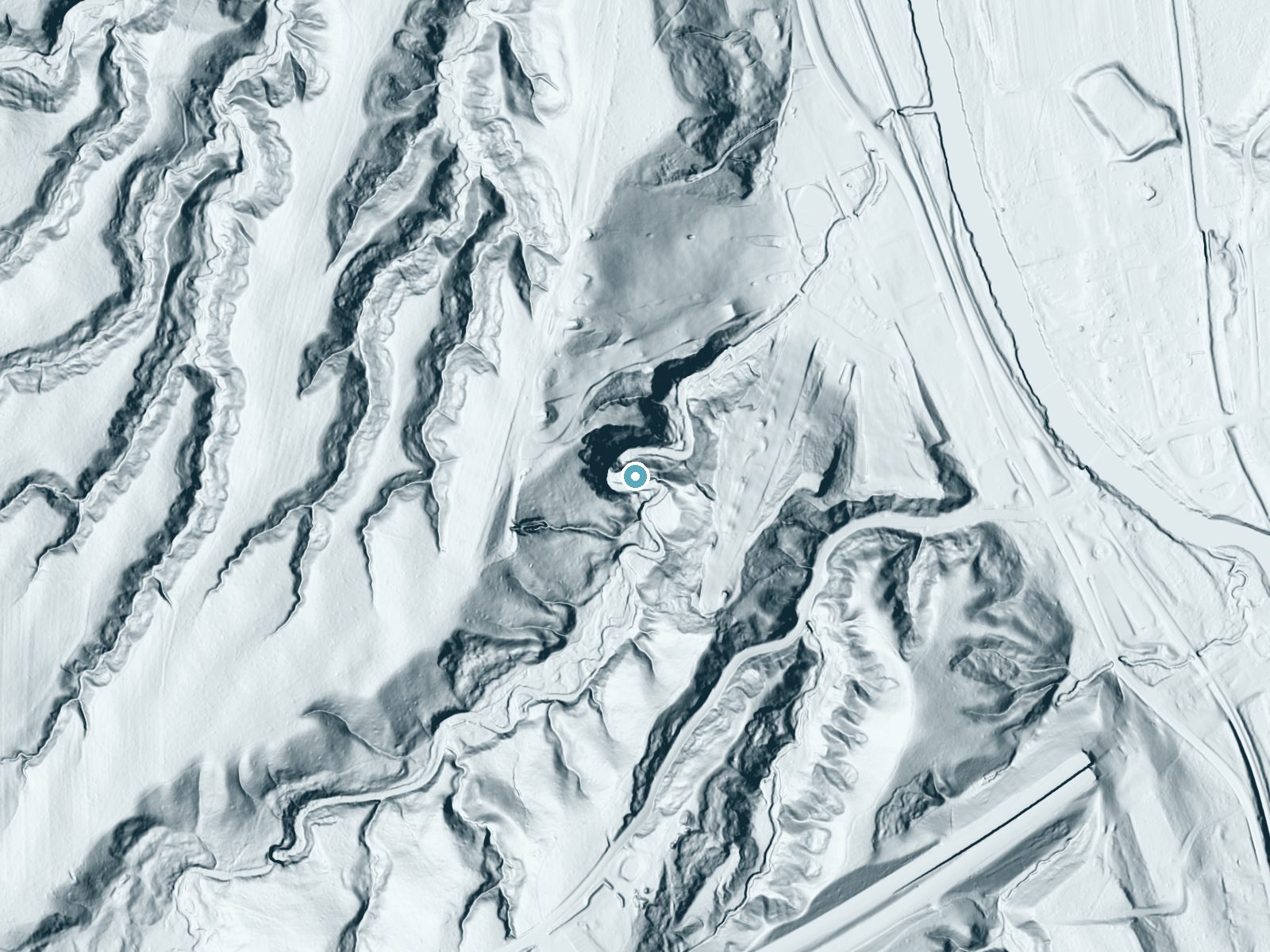 LiDAR bare-earth terrain around Buttermilk Falls near Peninsula, Ohio, showing about 155 feet of drop, a steep tiered drop, facing east
