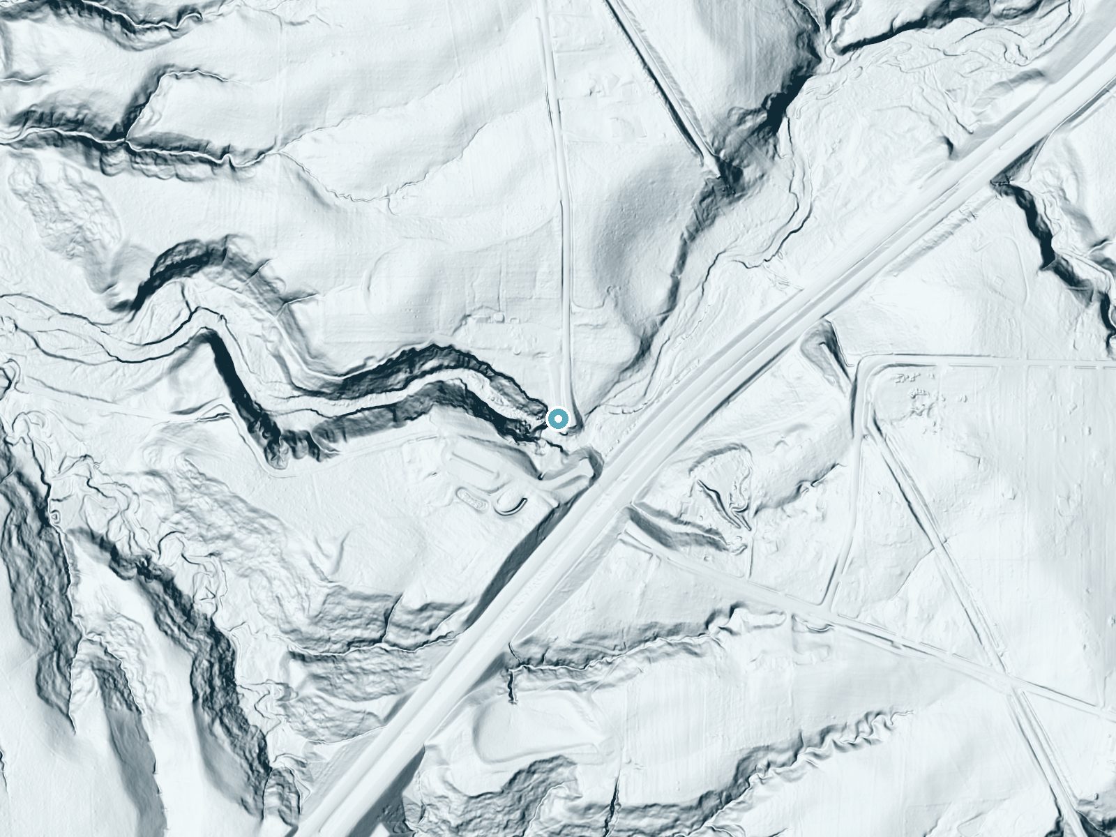 LiDAR bare-earth terrain around Brandywine Falls near Boston Heights, Ohio, showing about 103 feet of drop, a steep tiered drop, facing west