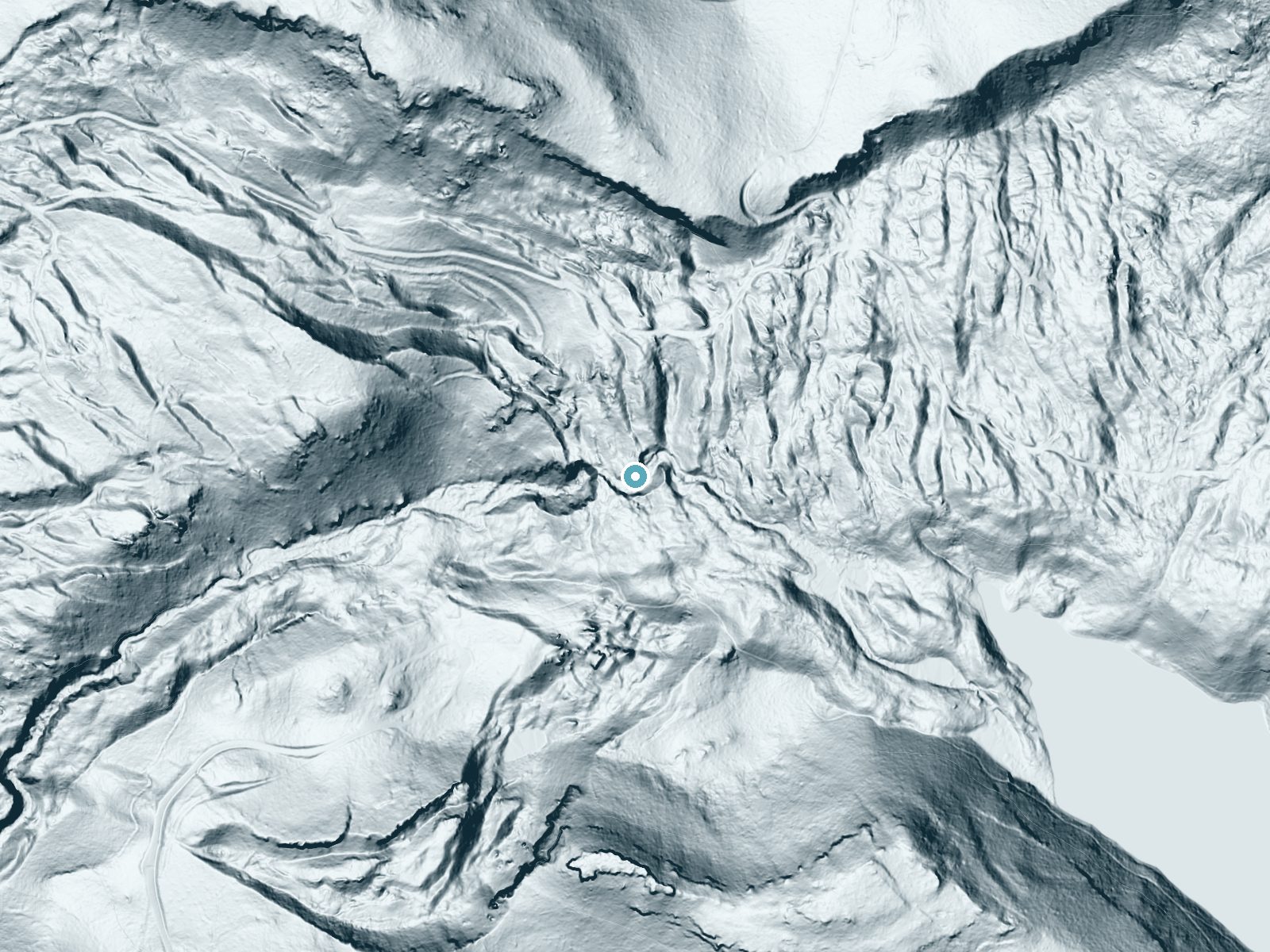 LiDAR bare-earth terrain around Mill Creek Falls near Eagleville, California, showing about 145 feet of drop, a steep tiered drop, facing west