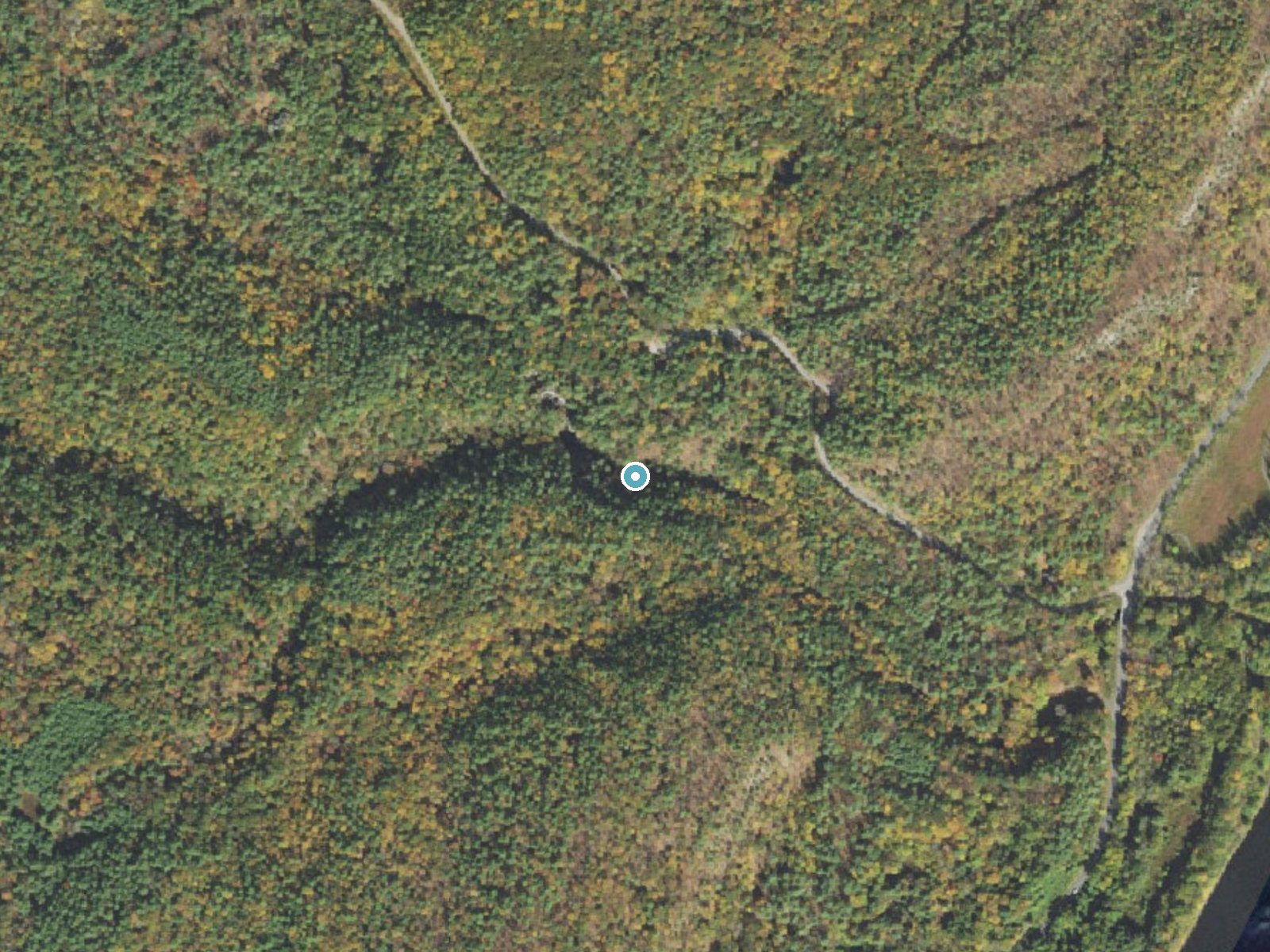 Aerial photo of the same ground around Raymondskill Falls near Milford, Pennsylvania, for comparison with the lidar view