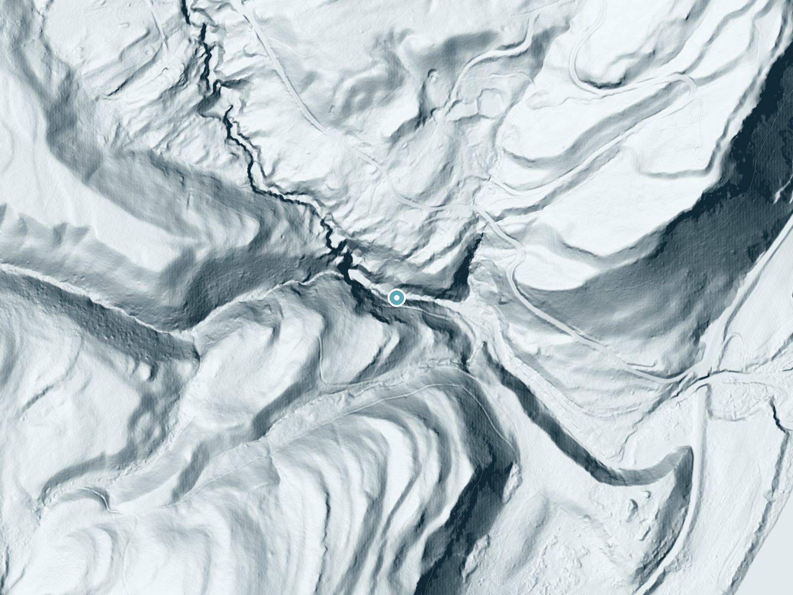 LiDAR bare-earth terrain around Raymondskill Falls near Milford, Pennsylvania, showing about 193 feet of drop, a steep tiered drop, facing north