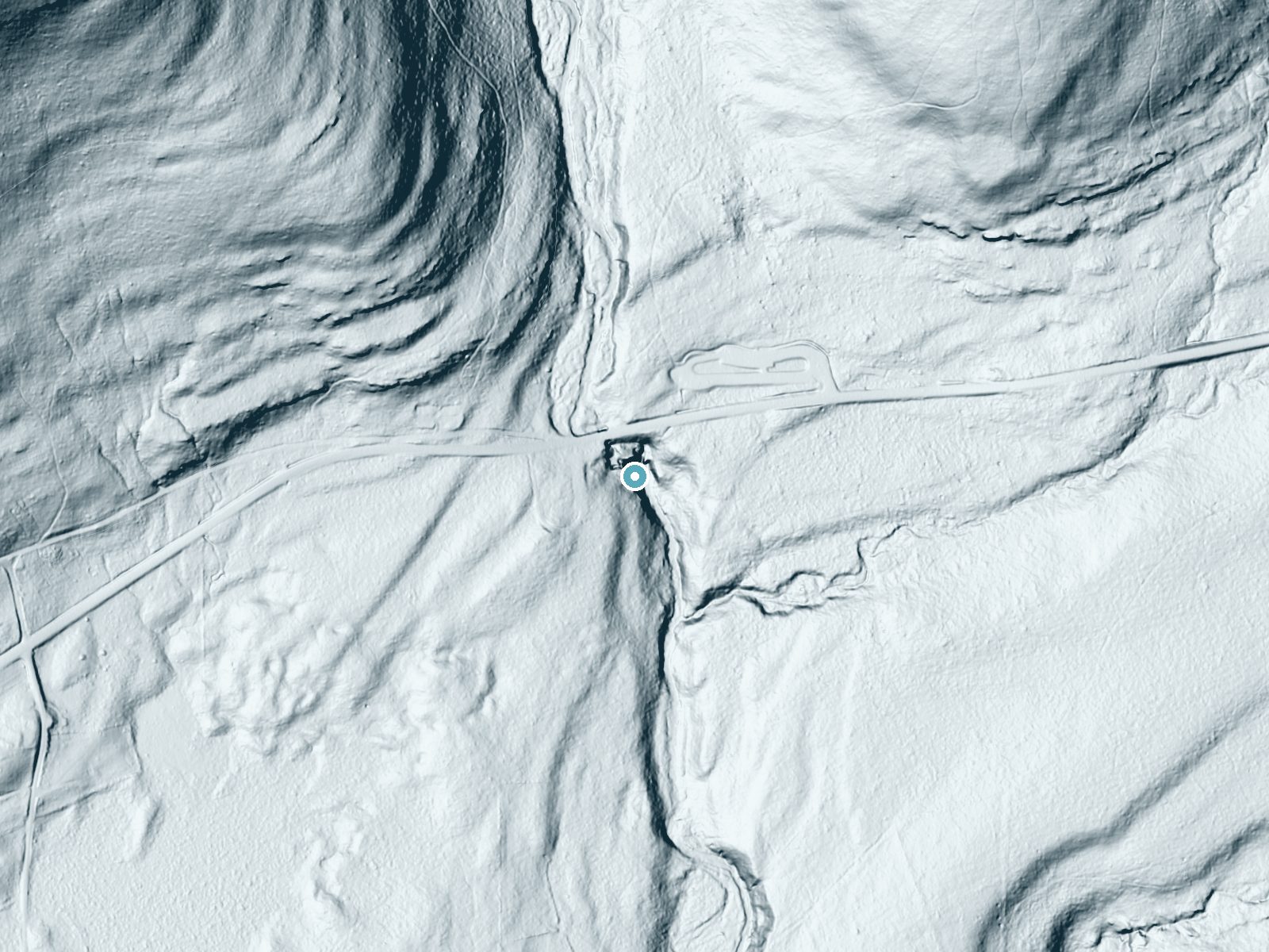 LiDAR bare-earth terrain around Kitchen Creek Falls near Jamison City, Pennsylvania, showing about 71 feet of drop, a long cascade, facing southeast