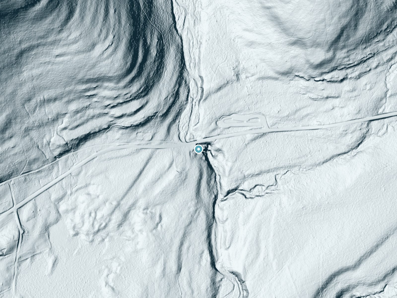 LiDAR bare-earth terrain around Adams Falls near Jamison City, Pennsylvania, showing about 75 feet of drop, a long cascade, facing southeast