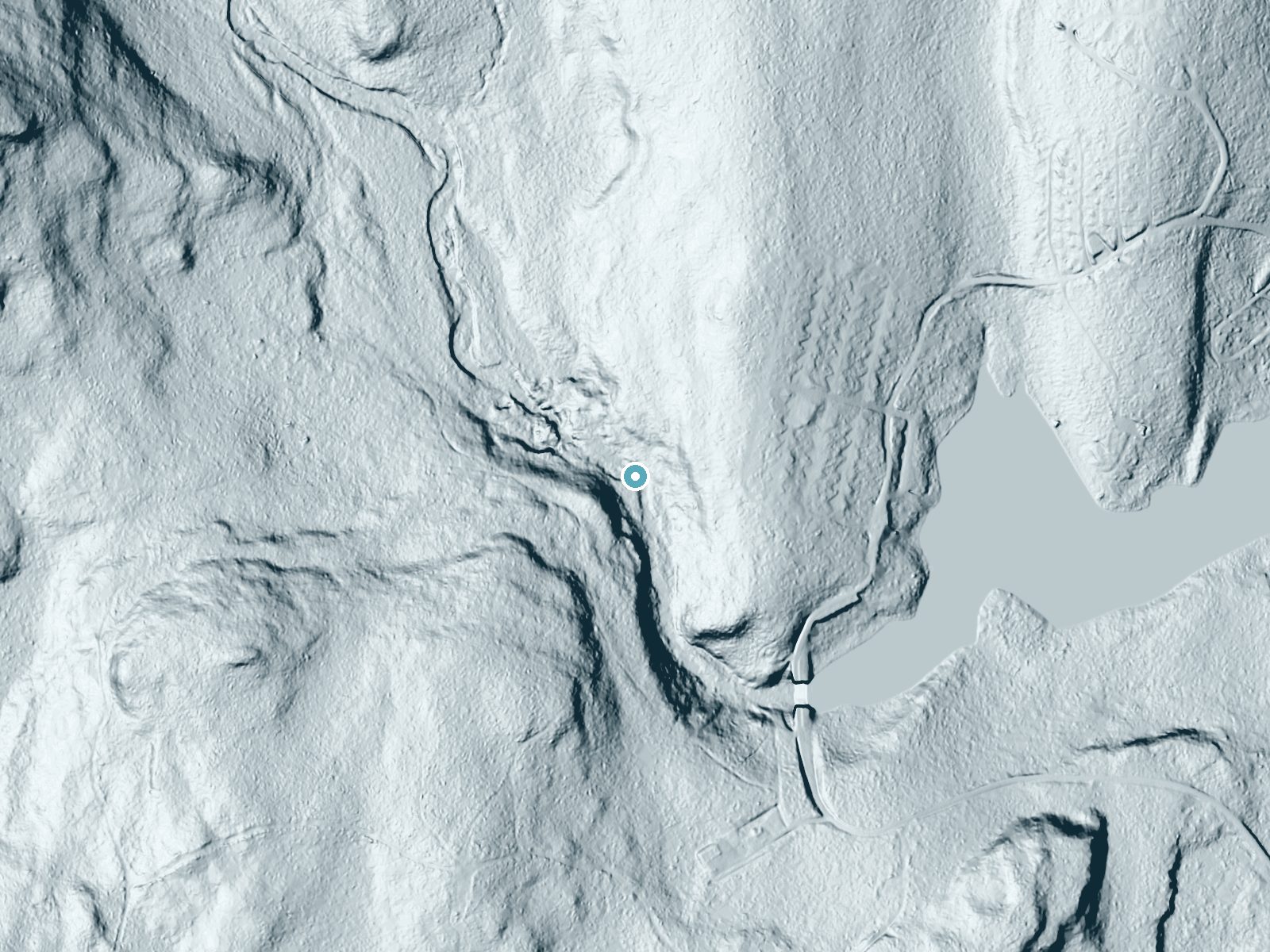 LiDAR bare-earth terrain around Little Falls near Wallenpaupack Lake Estates, Pennsylvania, showing about 52 feet of drop, a long cascade, facing west